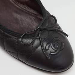 Pre Owned Chanel Black Quilted Leather CC Cap Toe Bow Ballet Flats Size 36.5