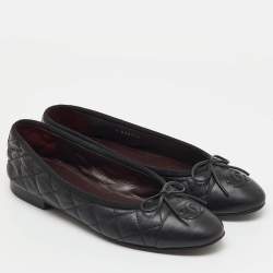 Pre Owned Chanel Black Quilted Leather CC Cap Toe Bow Ballet Flats Size 36.5