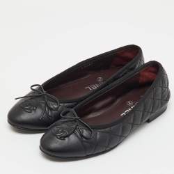 Pre Owned Chanel Black Quilted Leather CC Cap Toe Bow Ballet Flats Size 36.5