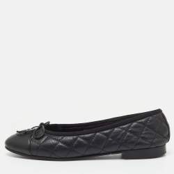 Pre Owned Chanel Black Quilted Leather CC Cap Toe Bow Ballet Flats Size 36.5