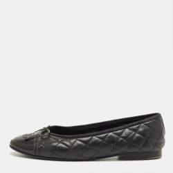 Pre Owned Chanel Black Cannage Leather CC Cap Ballet Flats Size 40