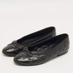 Pre Owned Chanel Black Cannage Leather CC Cap Ballet Flats Size 40