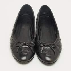 Pre Owned Chanel Black Cannage Leather CC Cap Ballet Flats Size 40