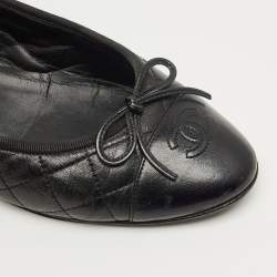 Pre Owned Chanel Black Cannage Leather CC Cap Ballet Flats Size 40