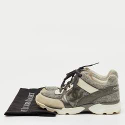 Pre Owned Chanel Grey/White Tweed, Suede and Leather Low Top CC Sneakers Size 35.5