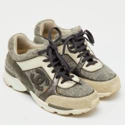 Pre Owned Chanel Grey/White Tweed, Suede and Leather Low Top CC Sneakers Size 35.5