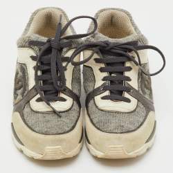 Pre Owned Chanel Grey/White Tweed, Suede and Leather Low Top CC Sneakers Size 35.5