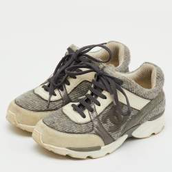 Pre Owned Chanel Grey/White Tweed, Suede and Leather Low Top CC Sneakers Size 35.5