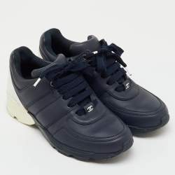 Pre Owned Chanel Navy Blue/White Leather CC Low Top Sneakers Size 36.5