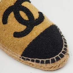 Pre Owned Chanel Metallic Gold/Black Tweed CC Espadrille Flats Size 37