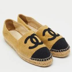 Pre Owned Chanel Metallic Gold/Black Tweed CC Espadrille Flats Size 37