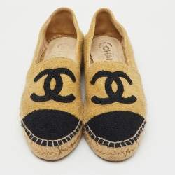 Pre Owned Chanel Metallic Gold/Black Tweed CC Espadrille Flats Size 37
