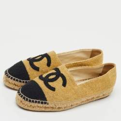 Pre Owned Chanel Metallic Gold/Black Tweed CC Espadrille Flats Size 37