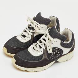 Pre Owned Chanel Black/Grey Fabric, Suede and Leather CC Low Top Sneakers Size 40.5