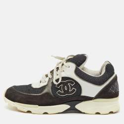 Pre Owned Chanel Black/Grey Fabric, Suede and Leather CC Low Top Sneakers Size 40.5