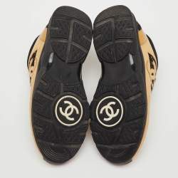 Pre Owned Chanel Black/Gold Leather and Tweed CC Low Top Sneakers Size 39