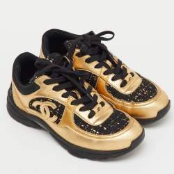 Pre Owned Chanel Black/Gold Leather and Tweed CC Low Top Sneakers Size 39