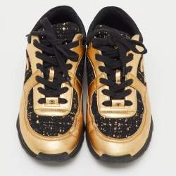 Pre Owned Chanel Black/Gold Leather and Tweed CC Low Top Sneakers Size 39