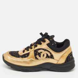 Pre Owned Chanel Black/Gold Leather and Tweed CC Low Top Sneakers Size 39