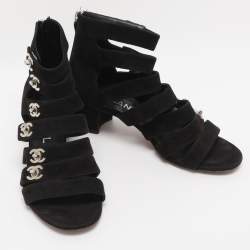Pre Owned Chanel Black Suede CC Gladiator Sandals Size 36