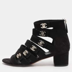 Pre Owned Chanel Black Suede CC Gladiator Sandals Size 36