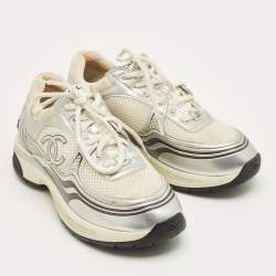 Pre Owned Chanel Tricolor Leather and Mesh CC Lace Up Sneakers Size 36