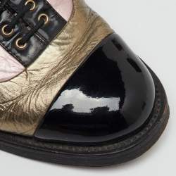 مملوكة مسبقًا Chanel Multicolor Foil Leather and Patent Leather Lace Up Mules Size 37.5