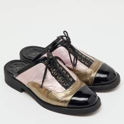 مملوكة مسبقًا Chanel Multicolor Foil Leather and Patent Leather Lace Up Mules Size 37.5