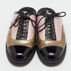 مملوكة مسبقًا Chanel Multicolor Foil Leather and Patent Leather Lace Up Mules Size 37.5