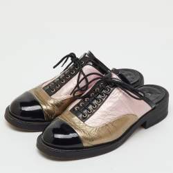 مملوكة مسبقًا Chanel Multicolor Foil Leather and Patent Leather Lace Up Mules Size 37.5