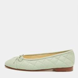 Pre Owned Chanel Green Quilted Leather CC Bow Ballet Flats Size 36