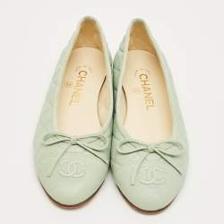 Pre Owned Chanel Green Quilted Leather CC Bow Ballet Flats Size 36