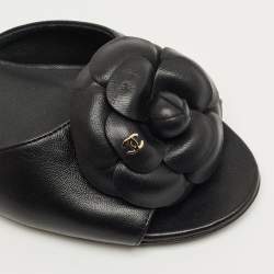Pre Owned Chanel Black Leather CC Camellia Flat Slide Size 36