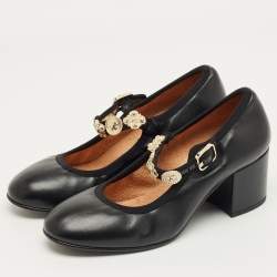 Pre Owned Chanel Black Leather Mary Jane Charm Pumps Size 39