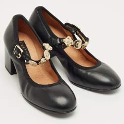 Pre Owned Chanel Black Leather Mary Jane Charm Pumps Size 39