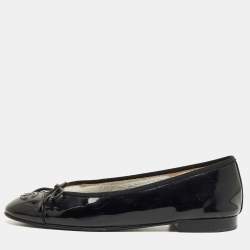 Pre Owned Chanel Black Patent Leather CC Cap Toe Bow Ballet Flats Size 37