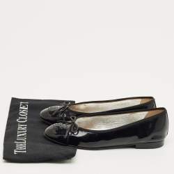 Pre Owned Chanel Black Patent Leather CC Cap Toe Bow Ballet Flats Size 37