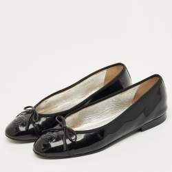 Pre Owned Chanel Black Patent Leather CC Cap Toe Bow Ballet Flats Size 37