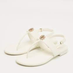 Pre Owned Chanel White  Leather CC Ankle Strap Flat Thong Sandals Size 38.5