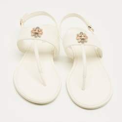 Pre Owned Chanel White  Leather CC Ankle Strap Flat Thong Sandals Size 38.5