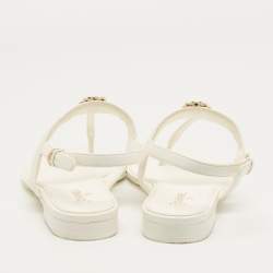 Pre Owned Chanel White  Leather CC Ankle Strap Flat Thong Sandals Size 38.5