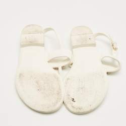 Pre Owned Chanel White  Leather CC Ankle Strap Flat Thong Sandals Size 38.5