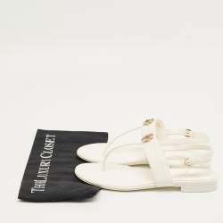 Pre Owned Chanel White  Leather CC Ankle Strap Flat Thong Sandals Size 38.5