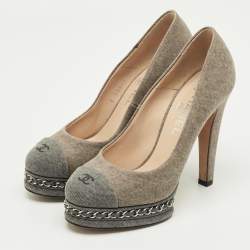 Pre Owned Chanel Two Tone Denim CC Cap-Toe Chain Detail Platform Pumps Size 36.5