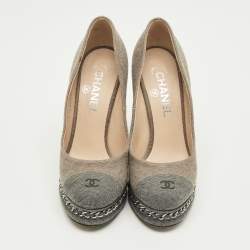Pre Owned Chanel Two Tone Denim CC Cap-Toe Chain Detail Platform Pumps Size 36.5