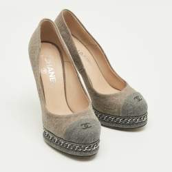Pre Owned Chanel Two Tone Denim CC Cap-Toe Chain Detail Platform Pumps Size 36.5