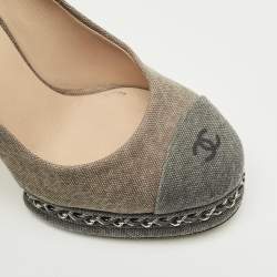 Pre Owned Chanel Two Tone Denim CC Cap-Toe Chain Detail Platform Pumps Size 36.5