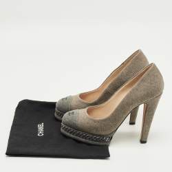 Pre Owned Chanel Two Tone Denim CC Cap-Toe Chain Detail Platform Pumps Size 36.5