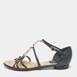 Pre Owned Chanel Black Leather and Woven Leather Strappy Flat Sandals Size 37
