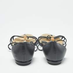 Pre Owned Chanel Black Leather and Woven Leather Strappy Flat Sandals Size 37